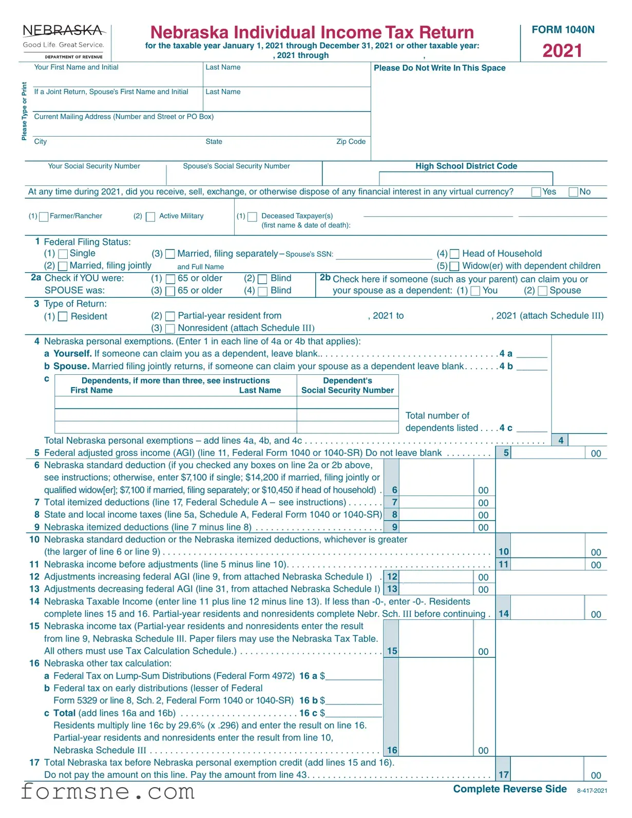 Free Nebraska 1040N Template in PDF