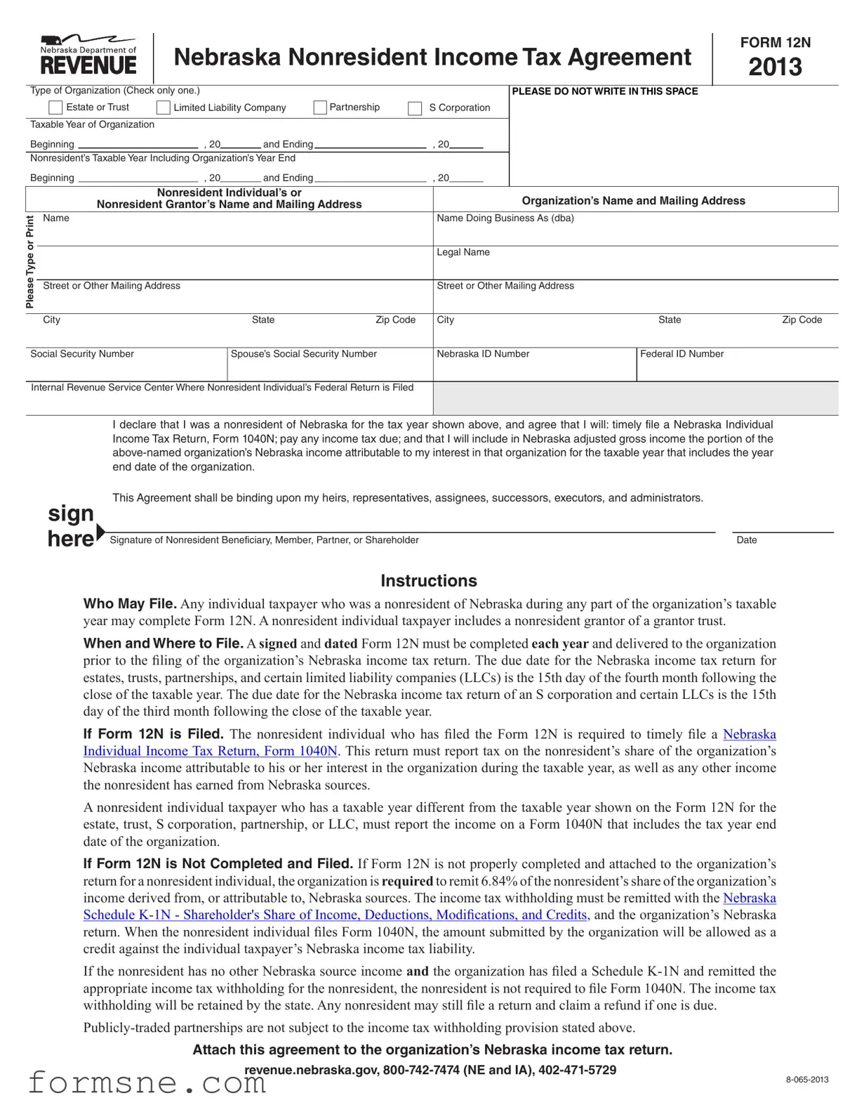 Free Nebraska 12N Template in PDF