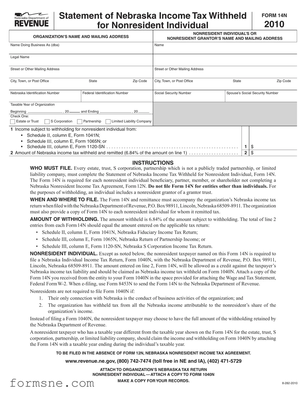 Free Nebraska 14N Template in PDF