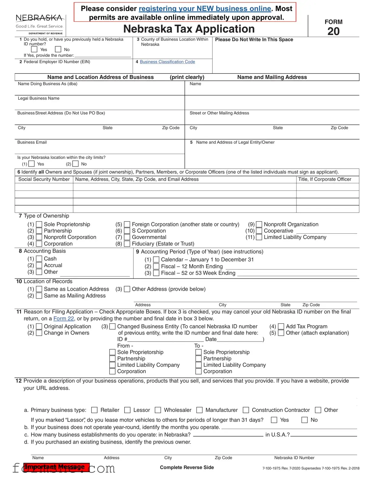 Free Nebraska 20 Template in PDF