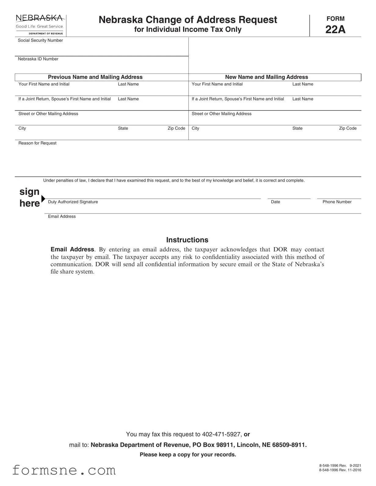 Free Nebraska 22A Template in PDF