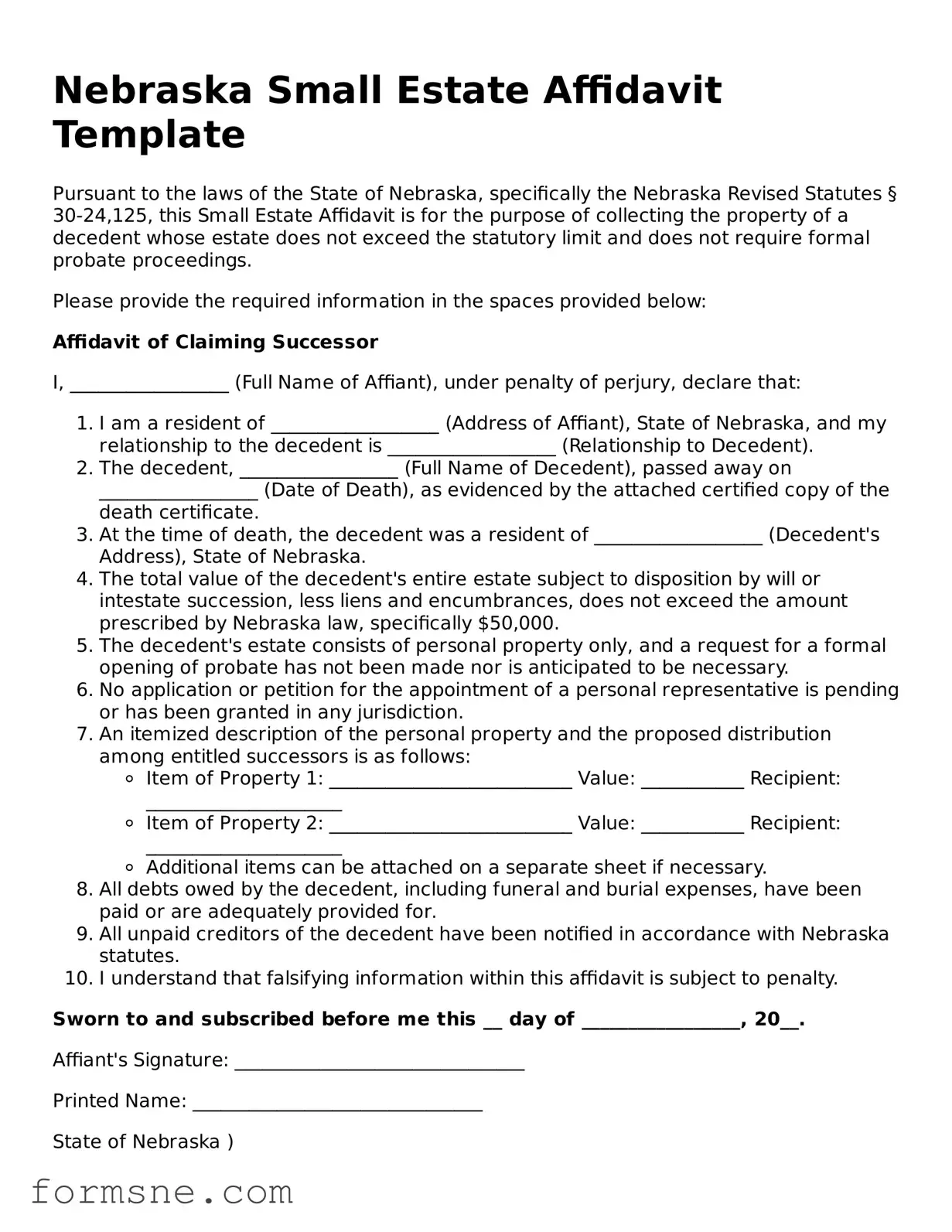Printable  Small Estate Affidavit Form for Nebraska