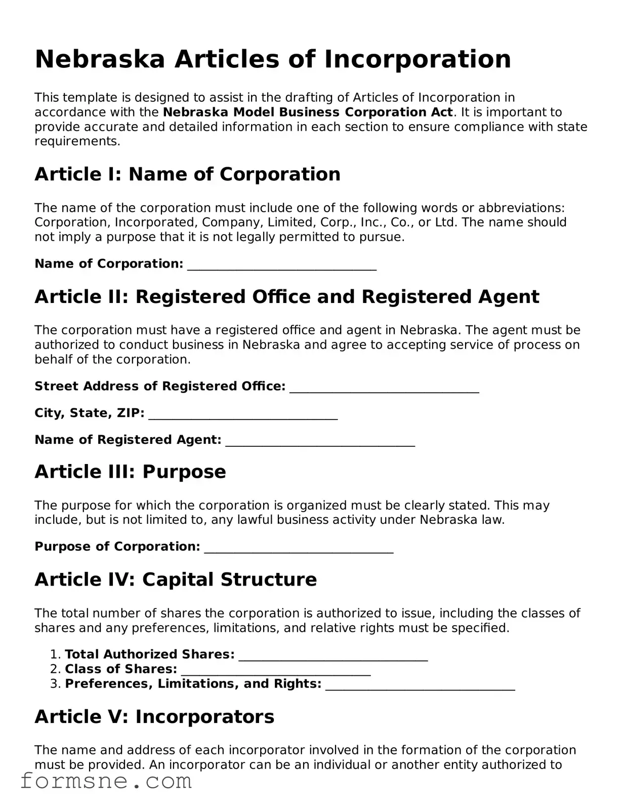 Printable  Articles of Incorporation Form for Nebraska