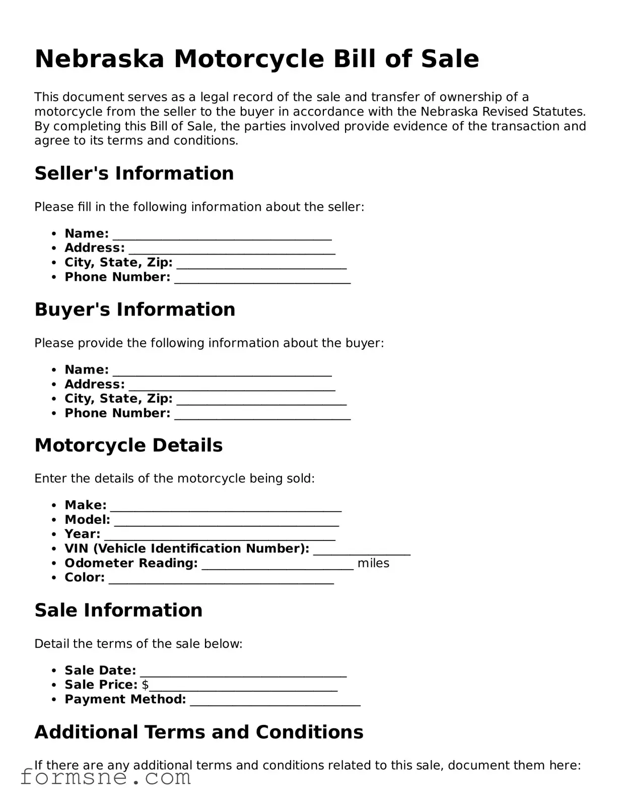 Printable  Motorcycle Bill of Sale Form for Nebraska
