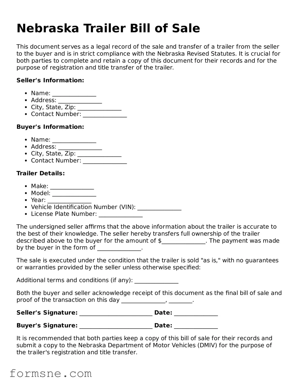 Printable  Trailer Bill of Sale Form for Nebraska