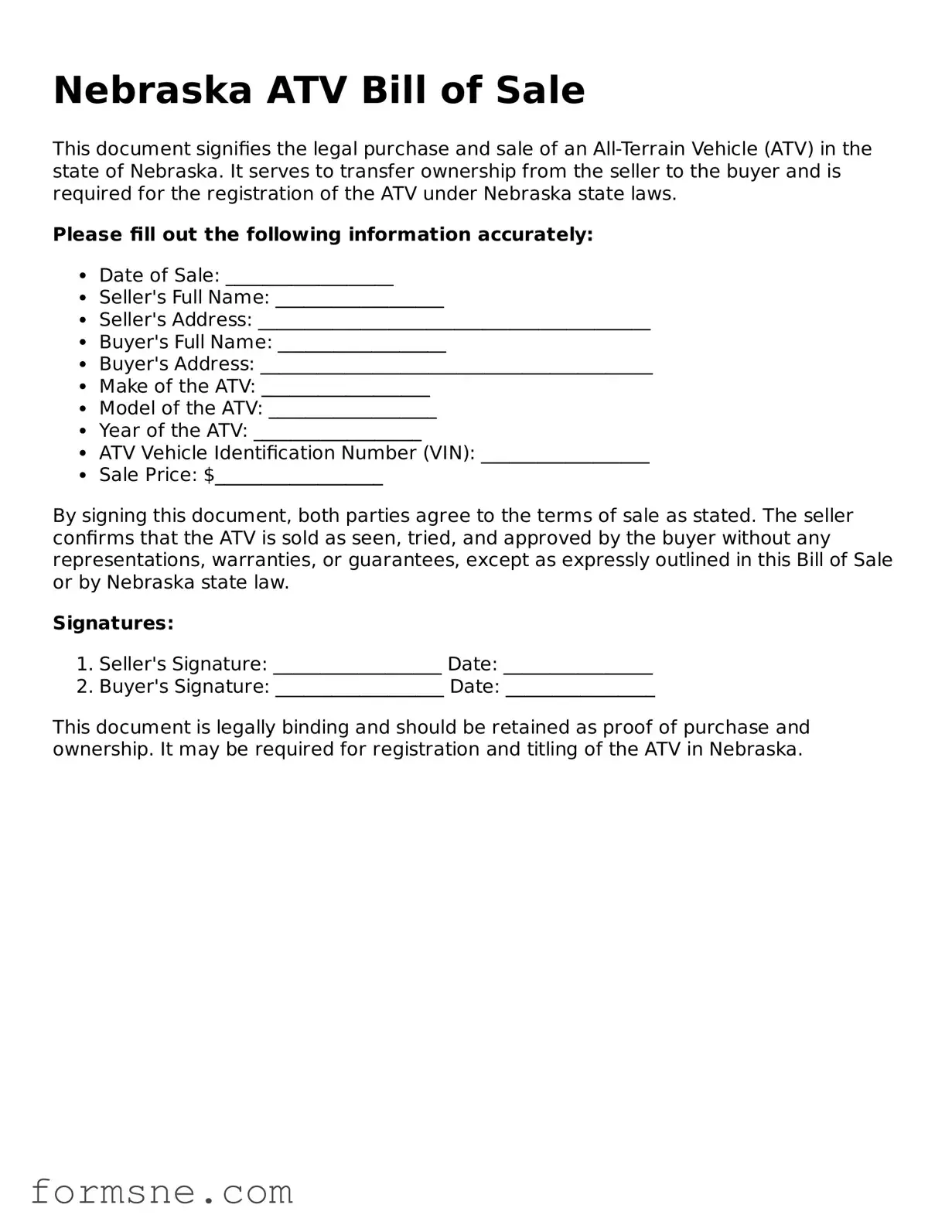 Printable  ATV Bill of Sale Form for Nebraska