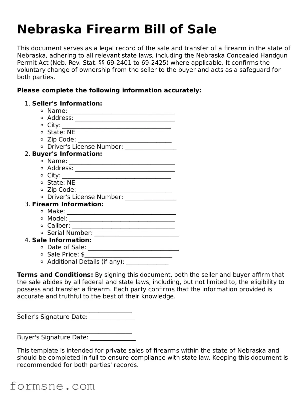 Printable  Firearm Bill of Sale Form for Nebraska