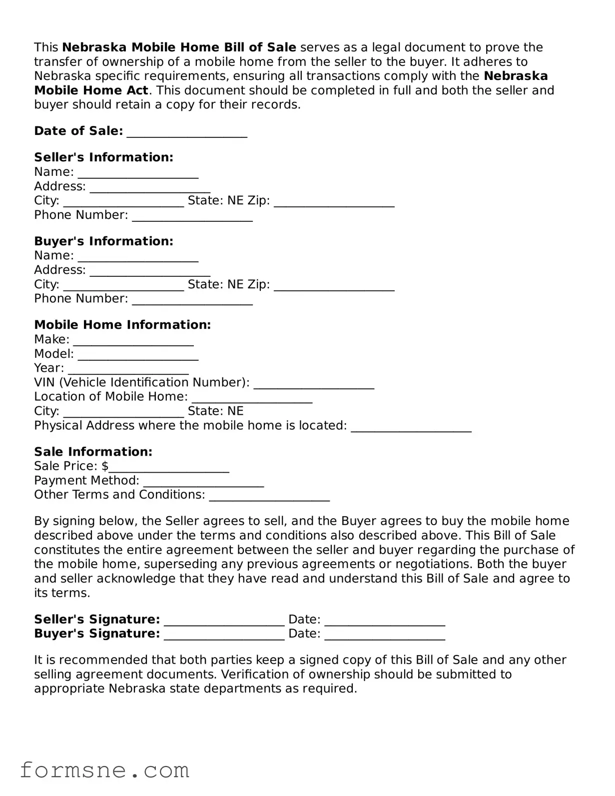 Printable  Mobile Home Bill of Sale Form for Nebraska