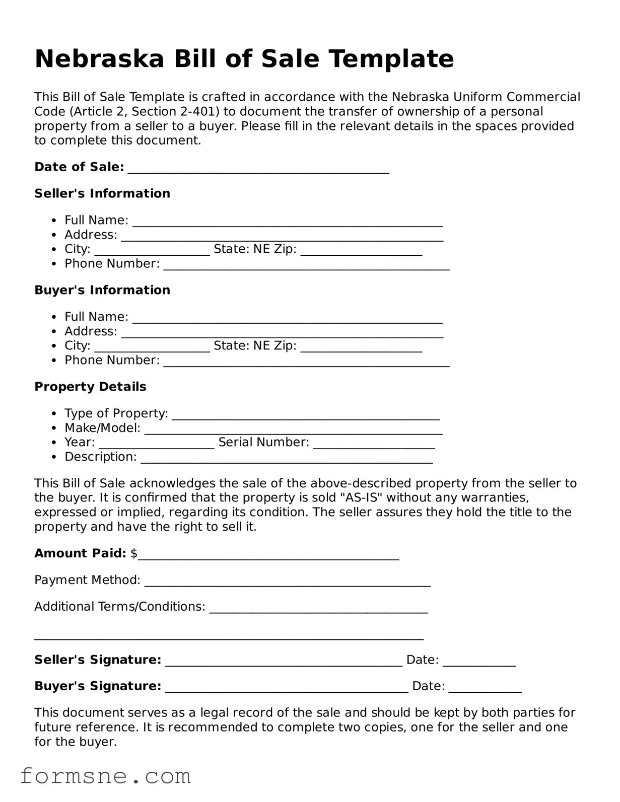 Printable  Bill of Sale Form for Nebraska