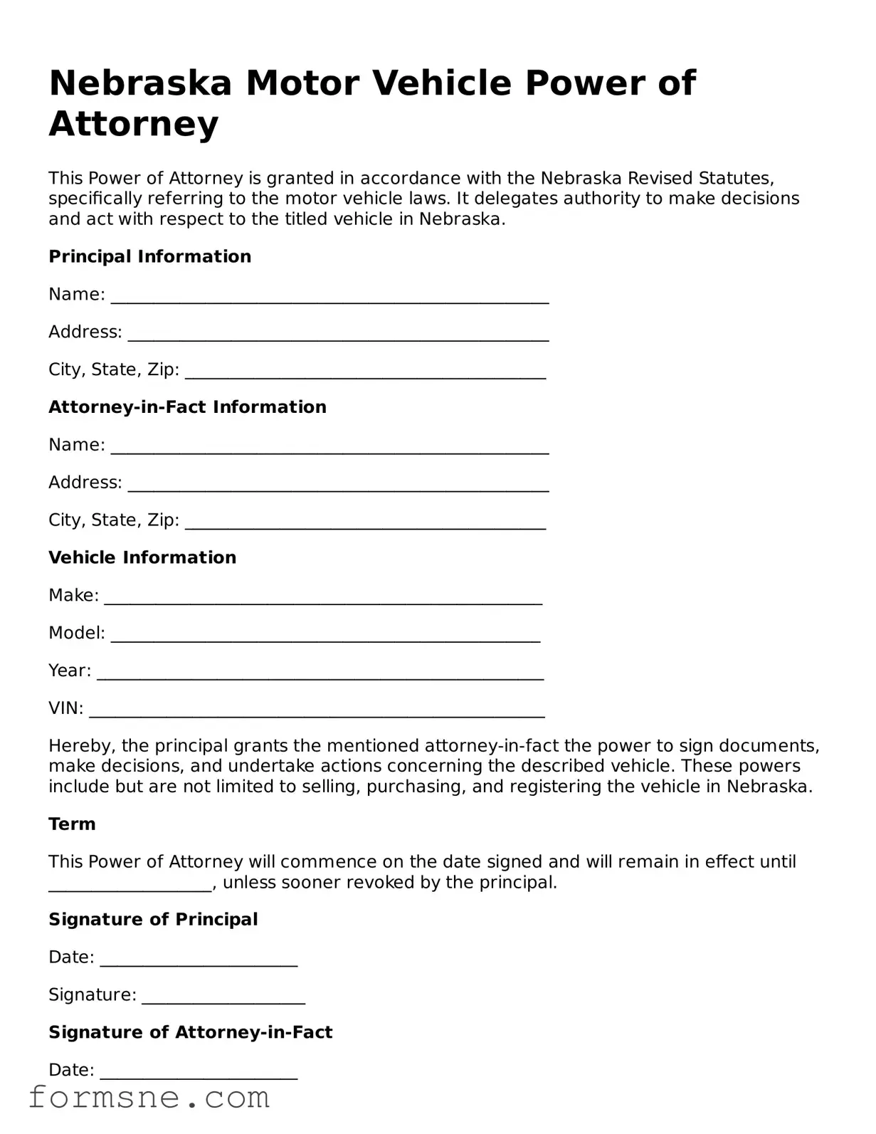 Printable  Motor Vehicle Power of Attorney Form for Nebraska