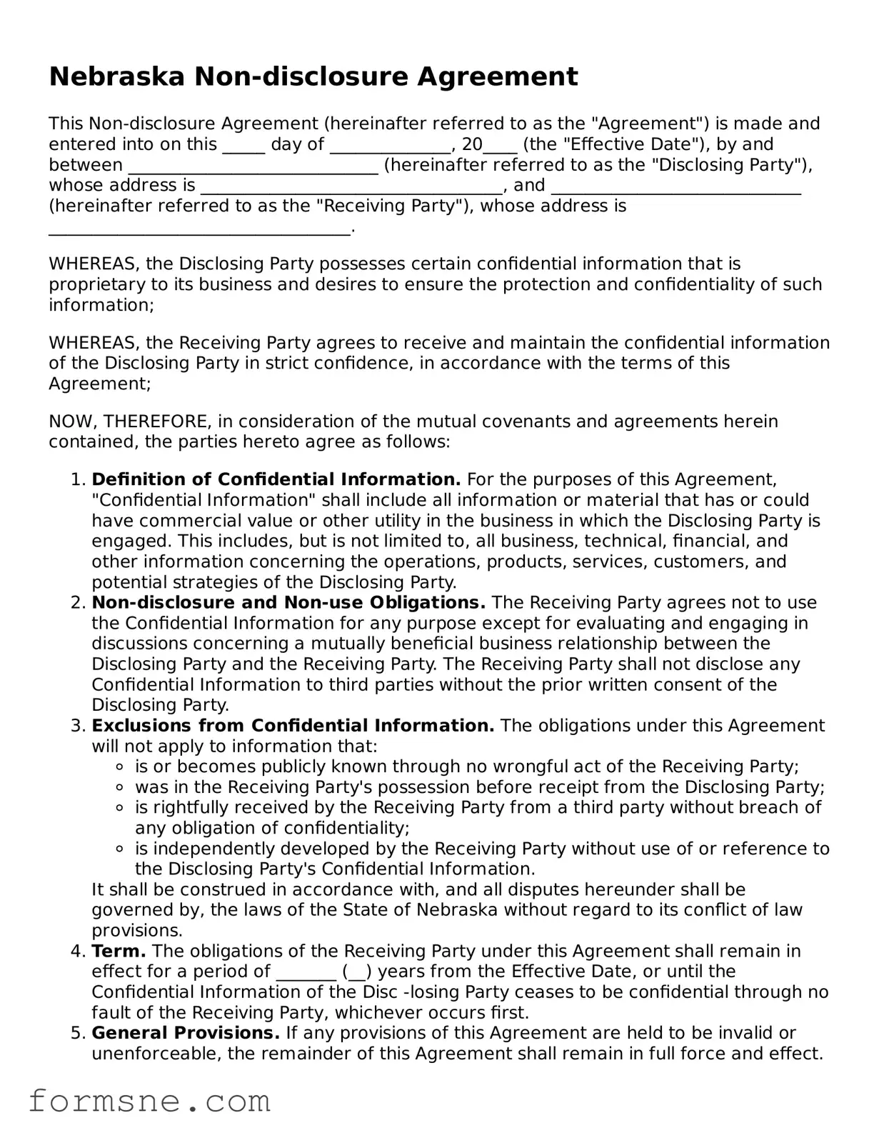 Printable  Non-disclosure Agreement Form for Nebraska