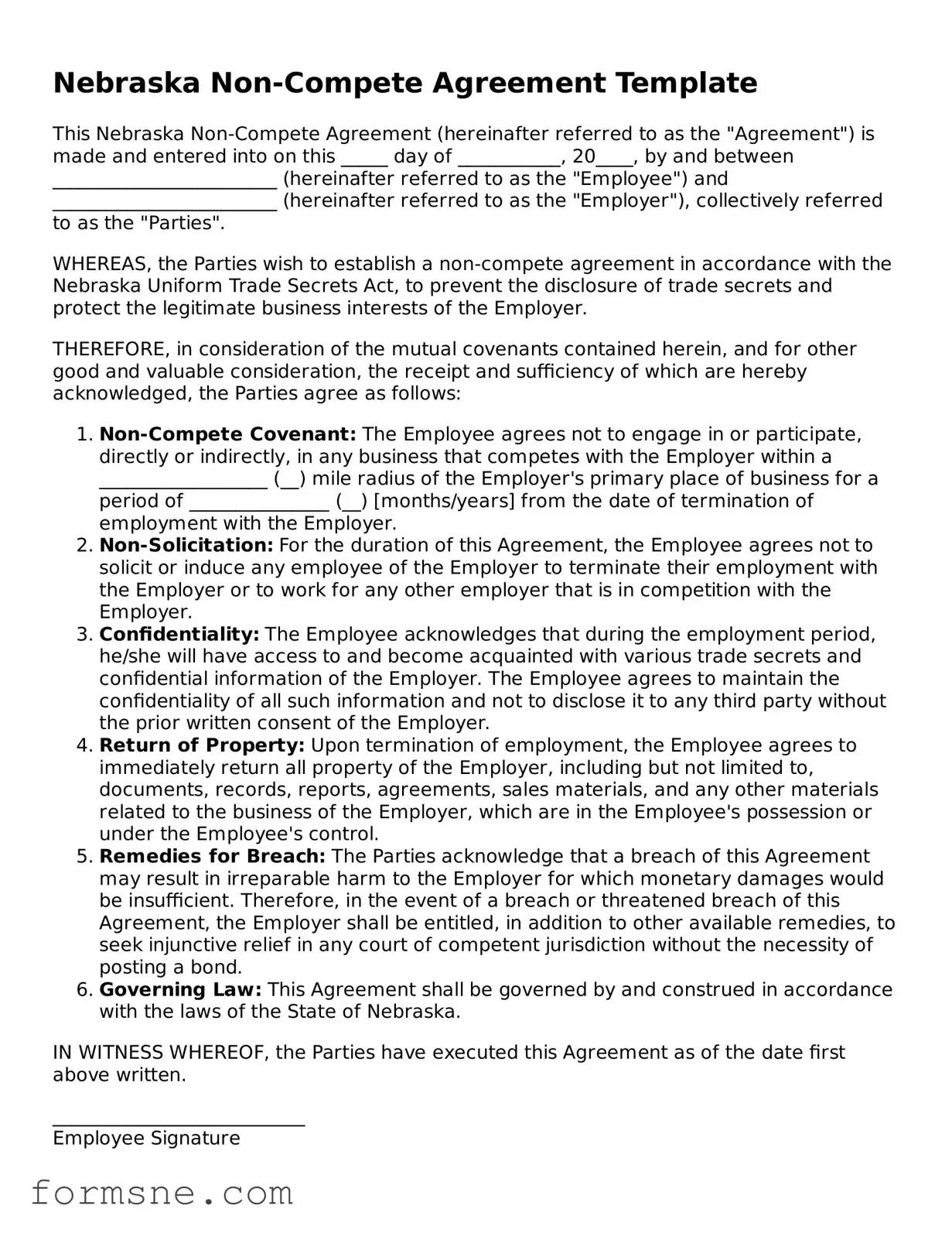 Printable  Non-compete Agreement Form for Nebraska