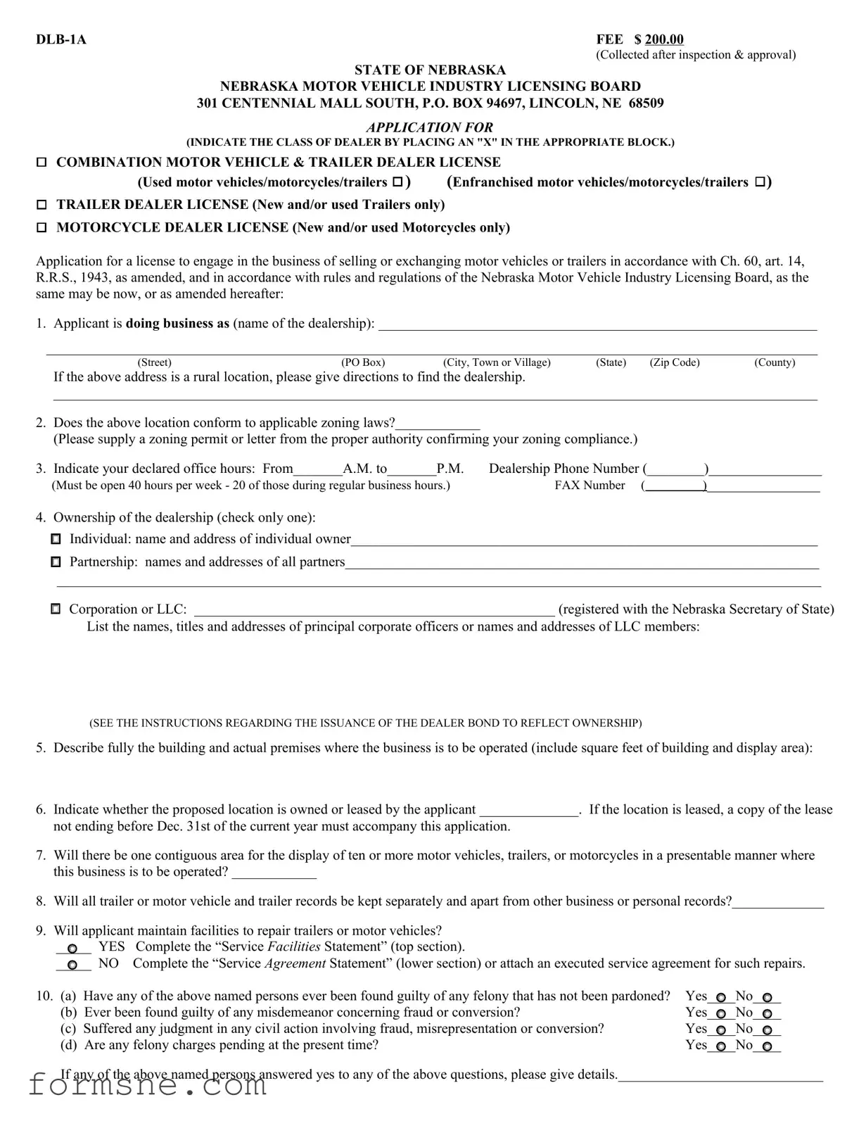 Free Nebraska Dlb 1A Template in PDF