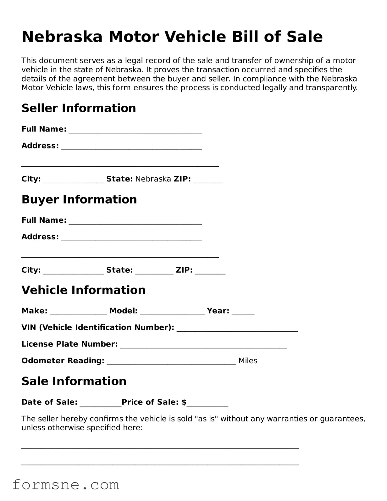 Printable  Motor Vehicle Bill of Sale Form for Nebraska