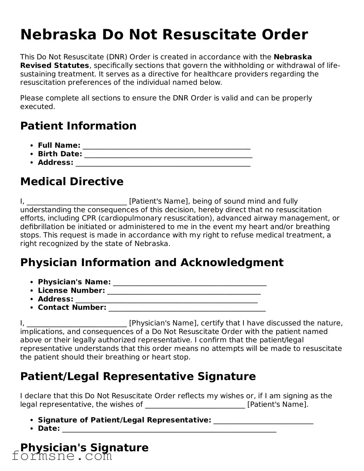 Printable  Do Not Resuscitate Order Form for Nebraska