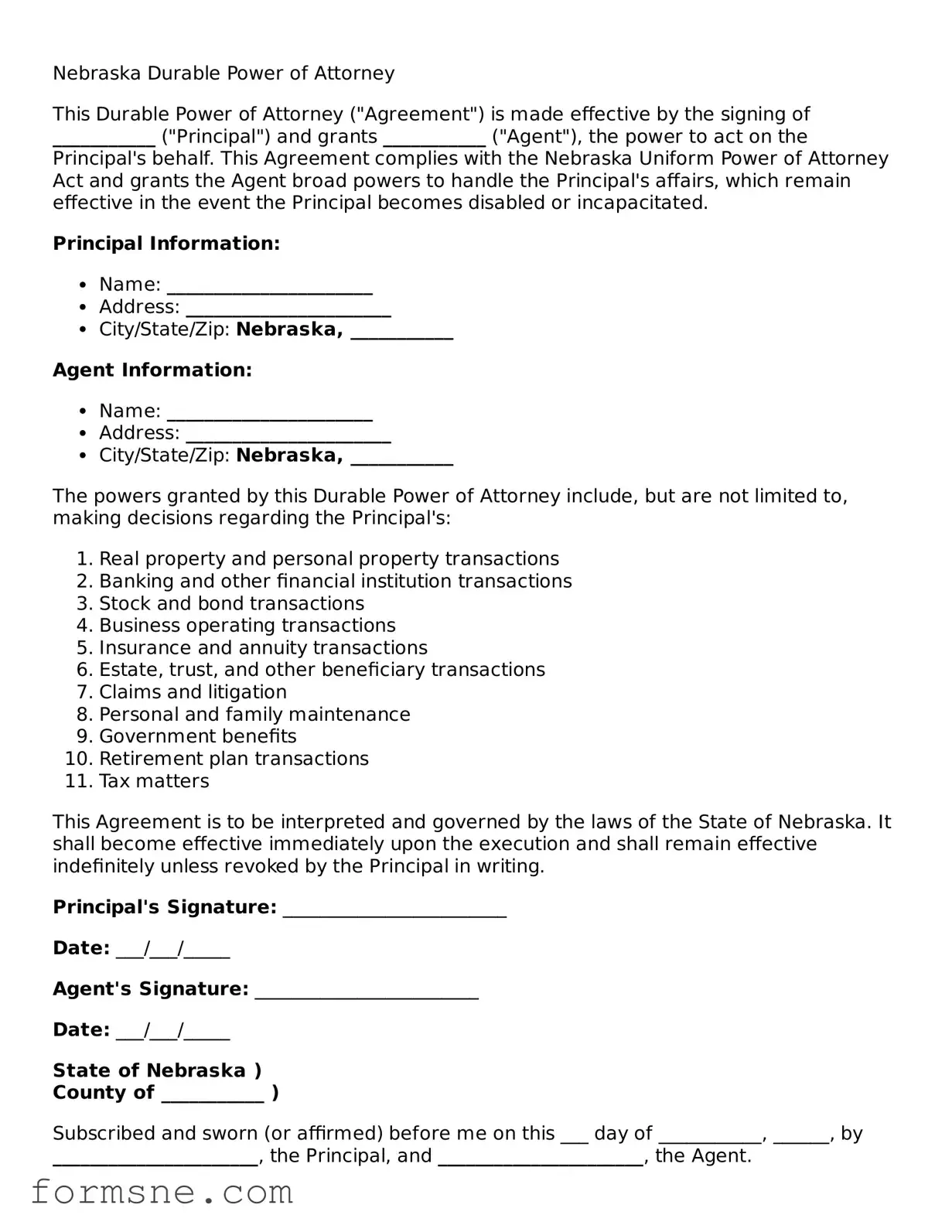 Printable  Durable Power of Attorney Form for Nebraska