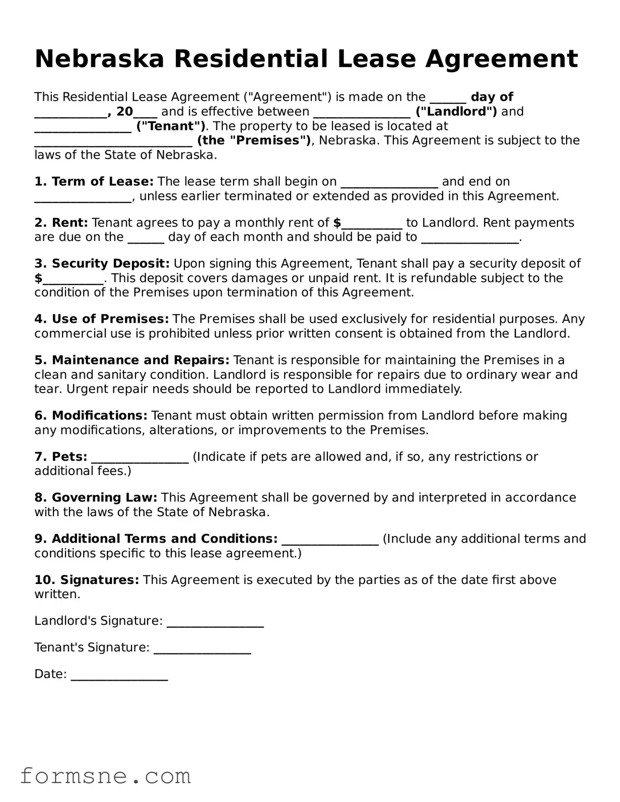 Printable  Residential Lease Agreement Form for Nebraska