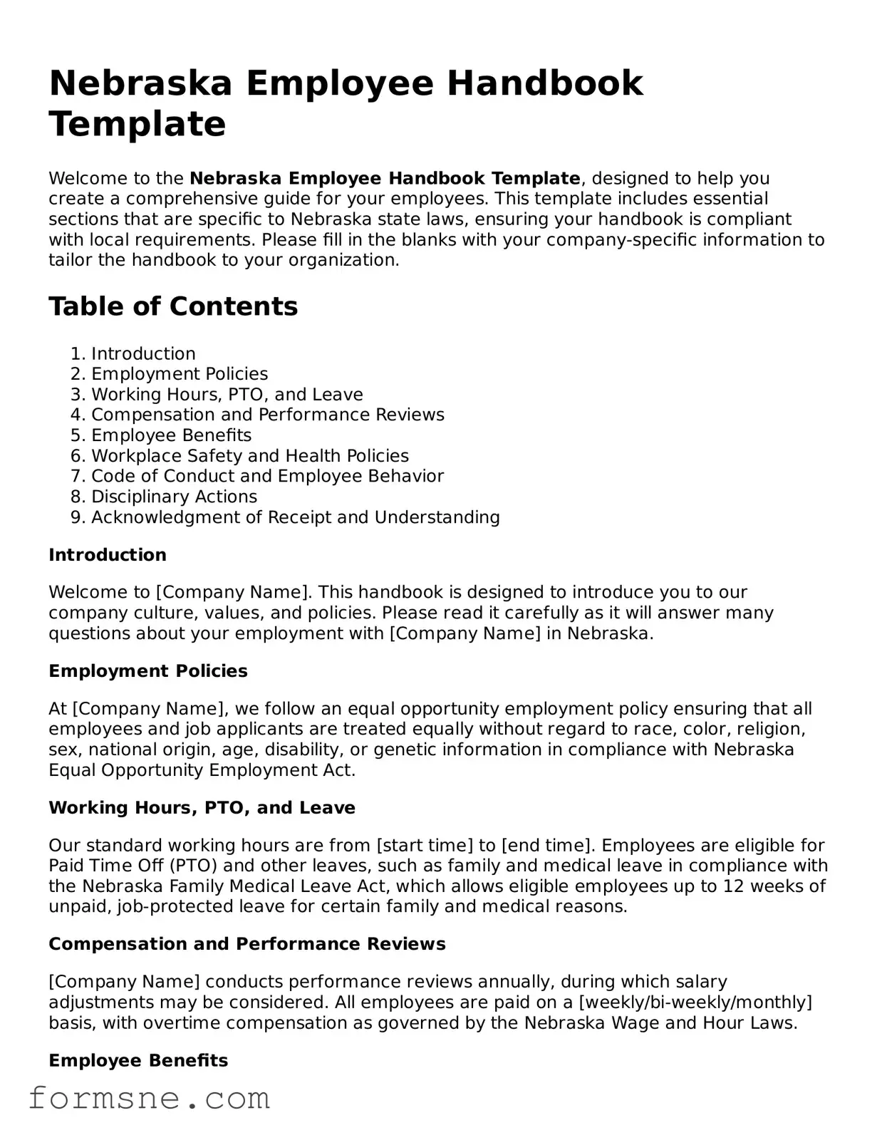 Printable  Employee Handbook Form for Nebraska