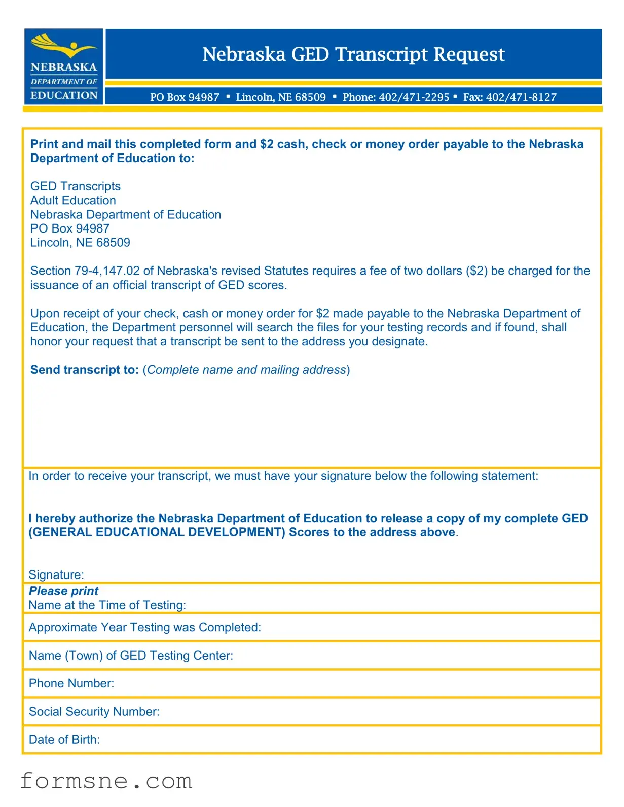 Free Nebraska Ged Transcript Request Template in PDF