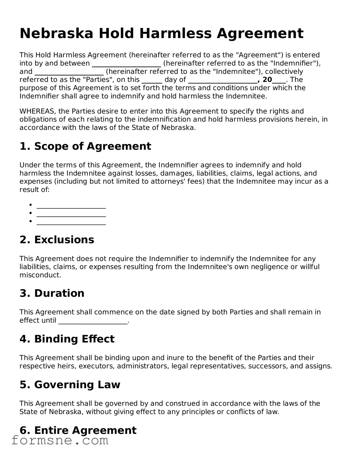 Printable  Hold Harmless Agreement Form for Nebraska