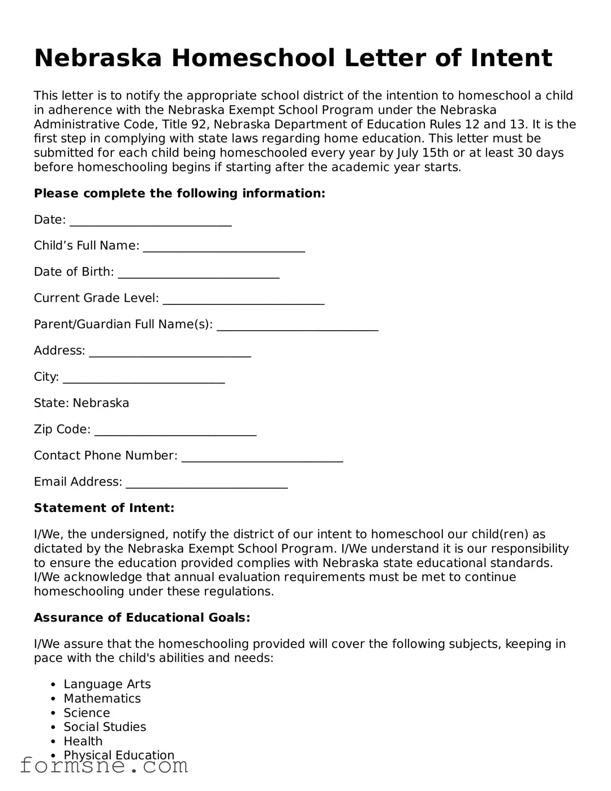 Printable  Homeschool Letter of Intent Form for Nebraska