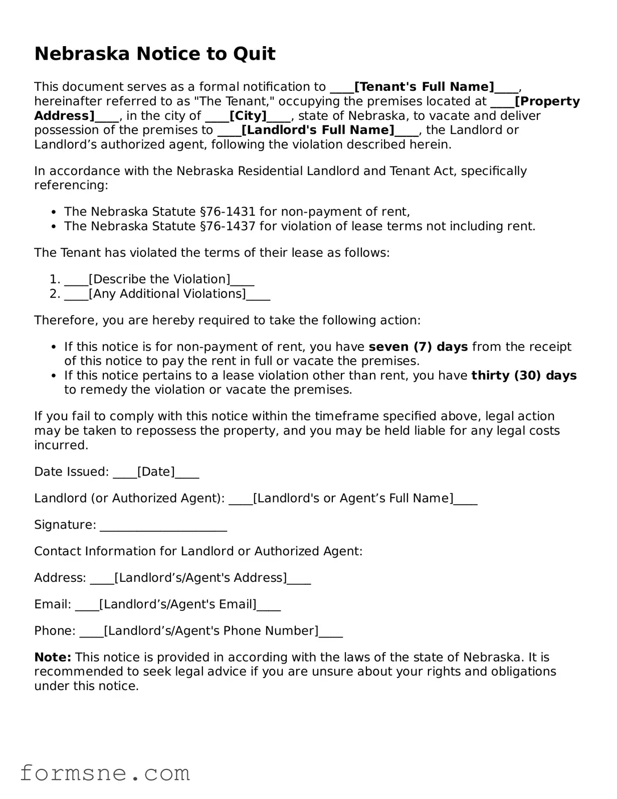 Printable  Notice to Quit Form for Nebraska