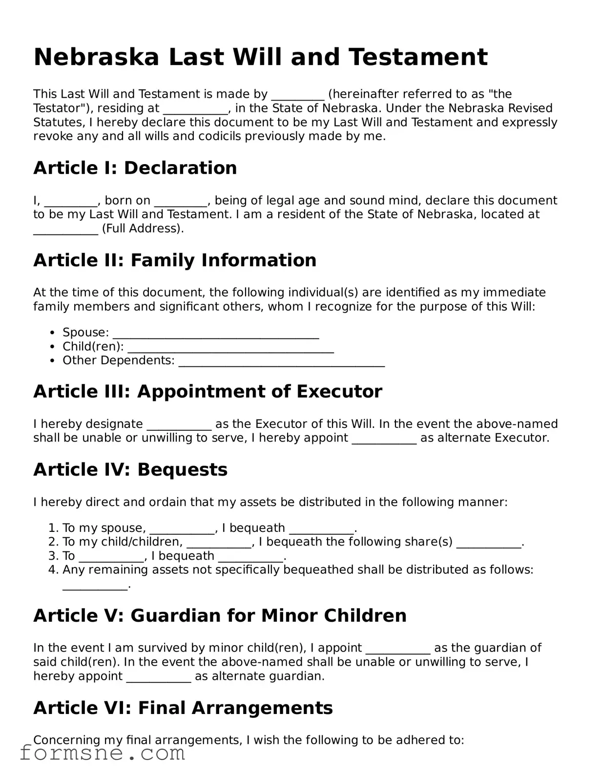 Printable  Last Will and Testament Form for Nebraska
