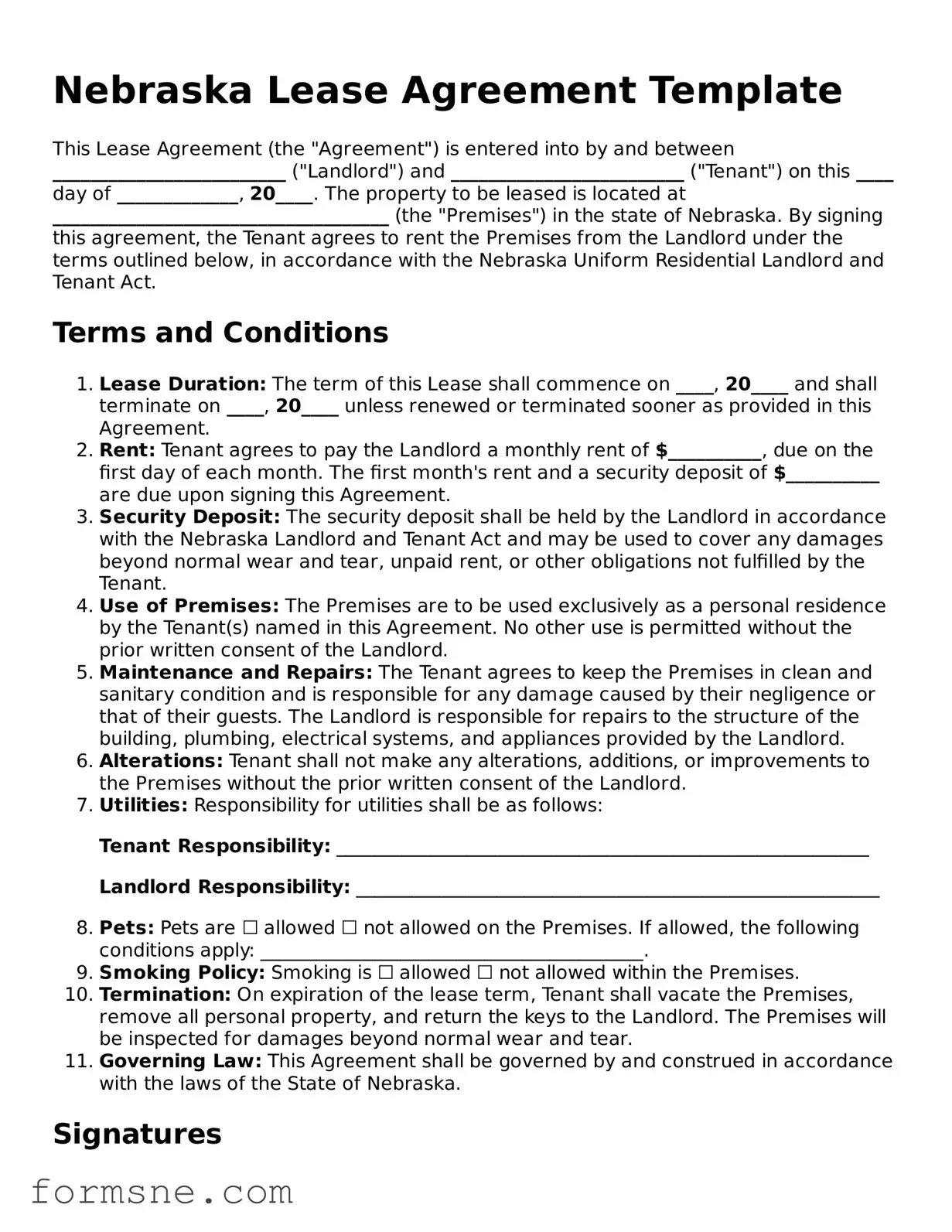 Printable  Lease Agreement Form for Nebraska