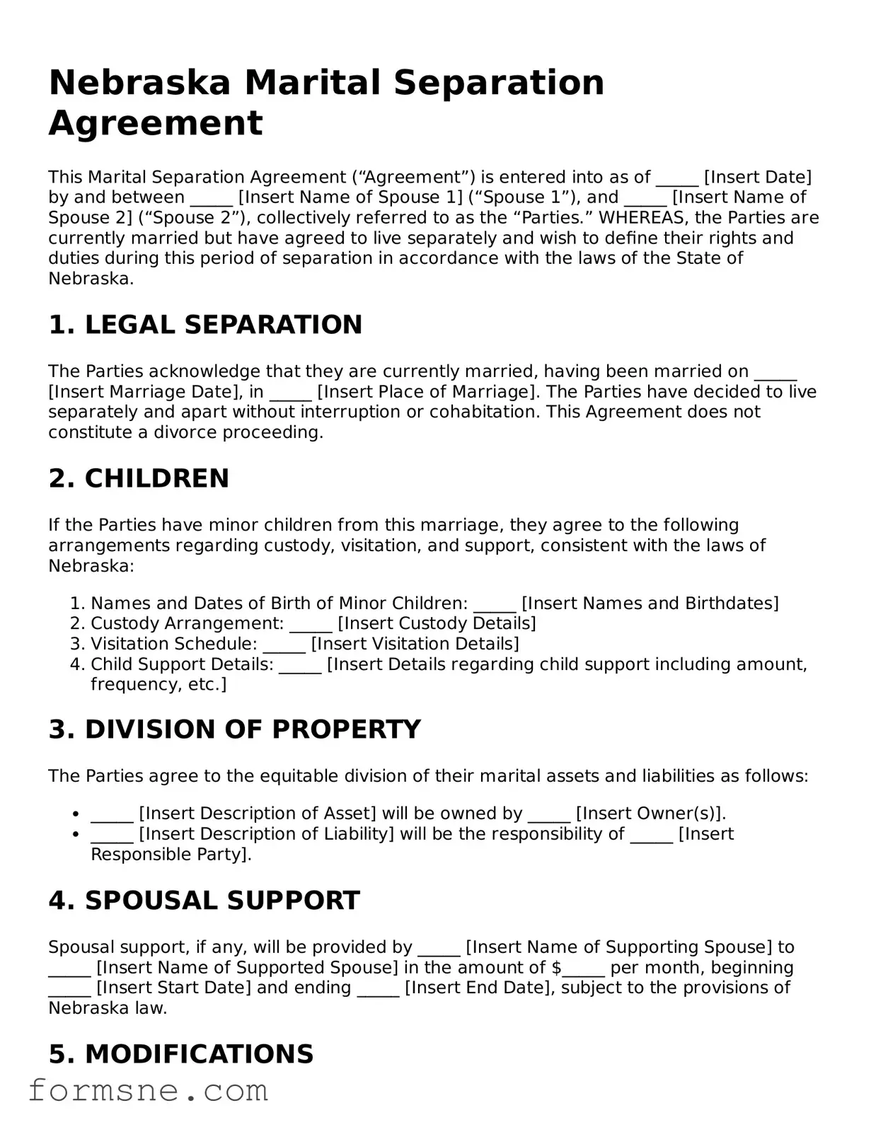 Printable  Marital Separation Agreement Form for Nebraska