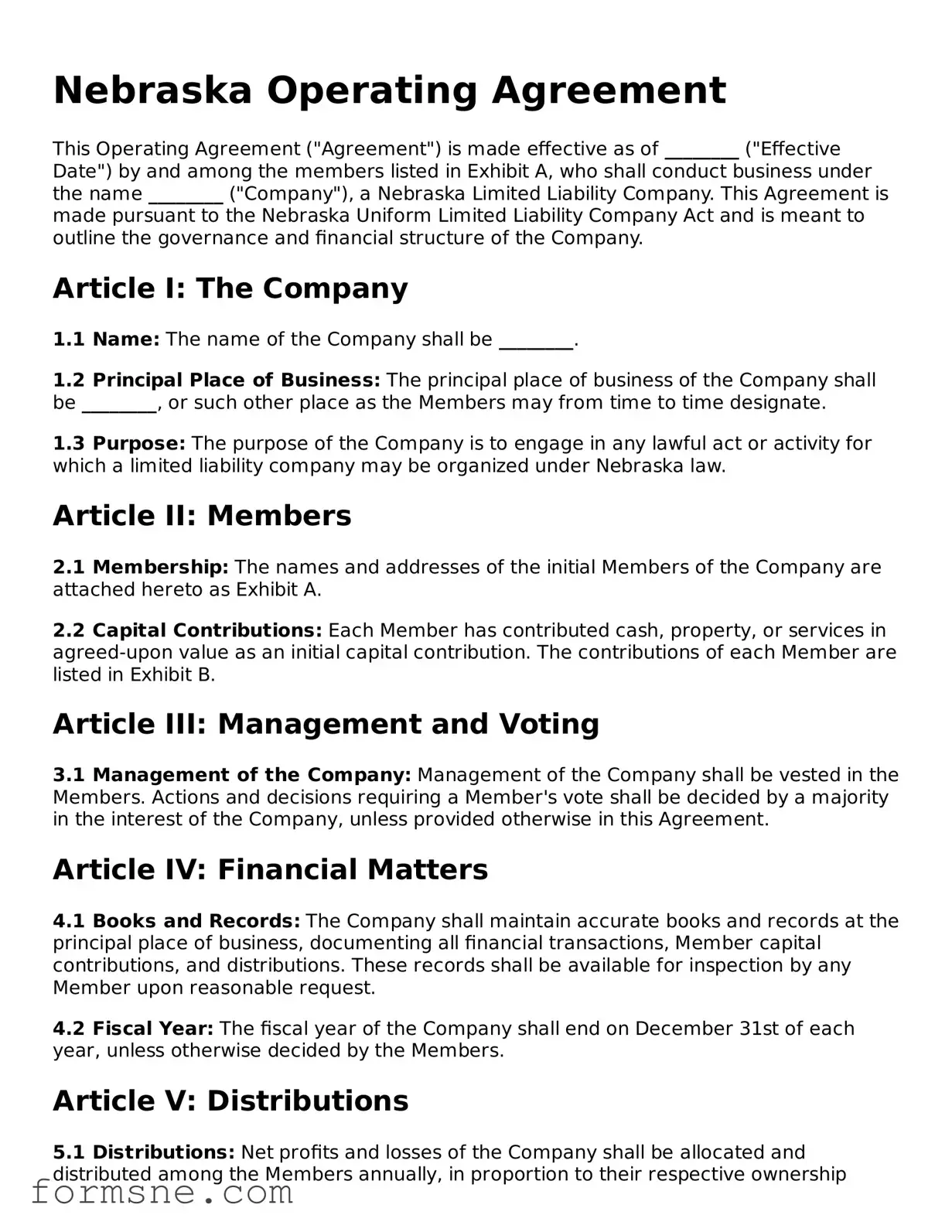 Printable  Operating Agreement Form for Nebraska