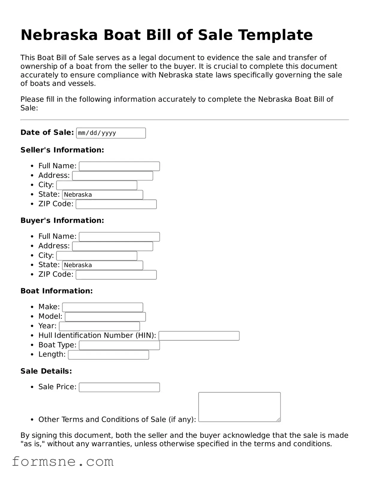 Printable  Boat Bill of Sale Form for Nebraska
