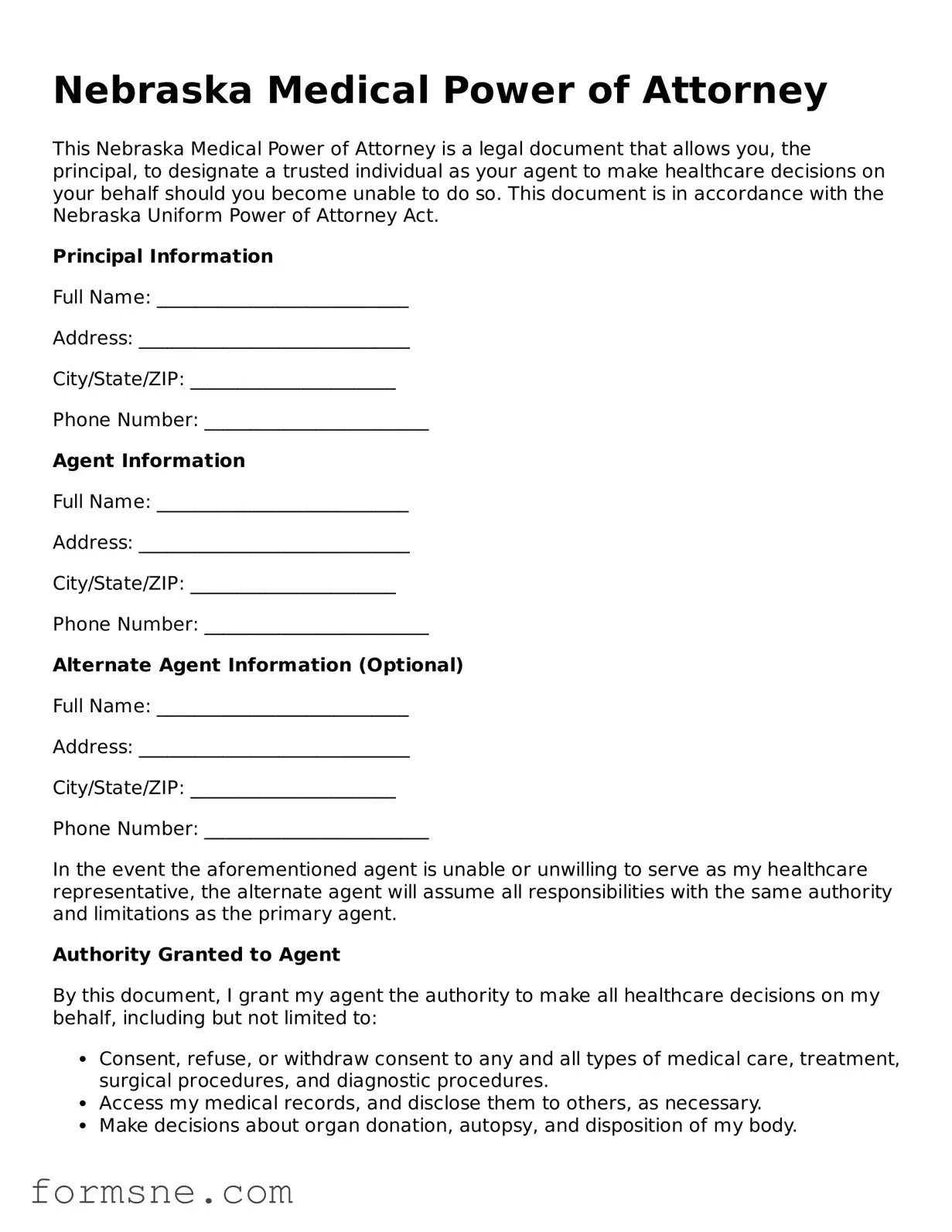 Printable  Medical Power of Attorney Form for Nebraska