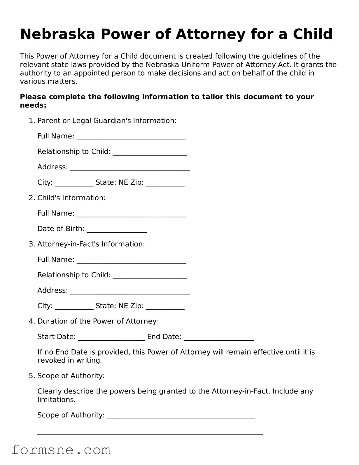 Printable  Power of Attorney for a Child Form for Nebraska