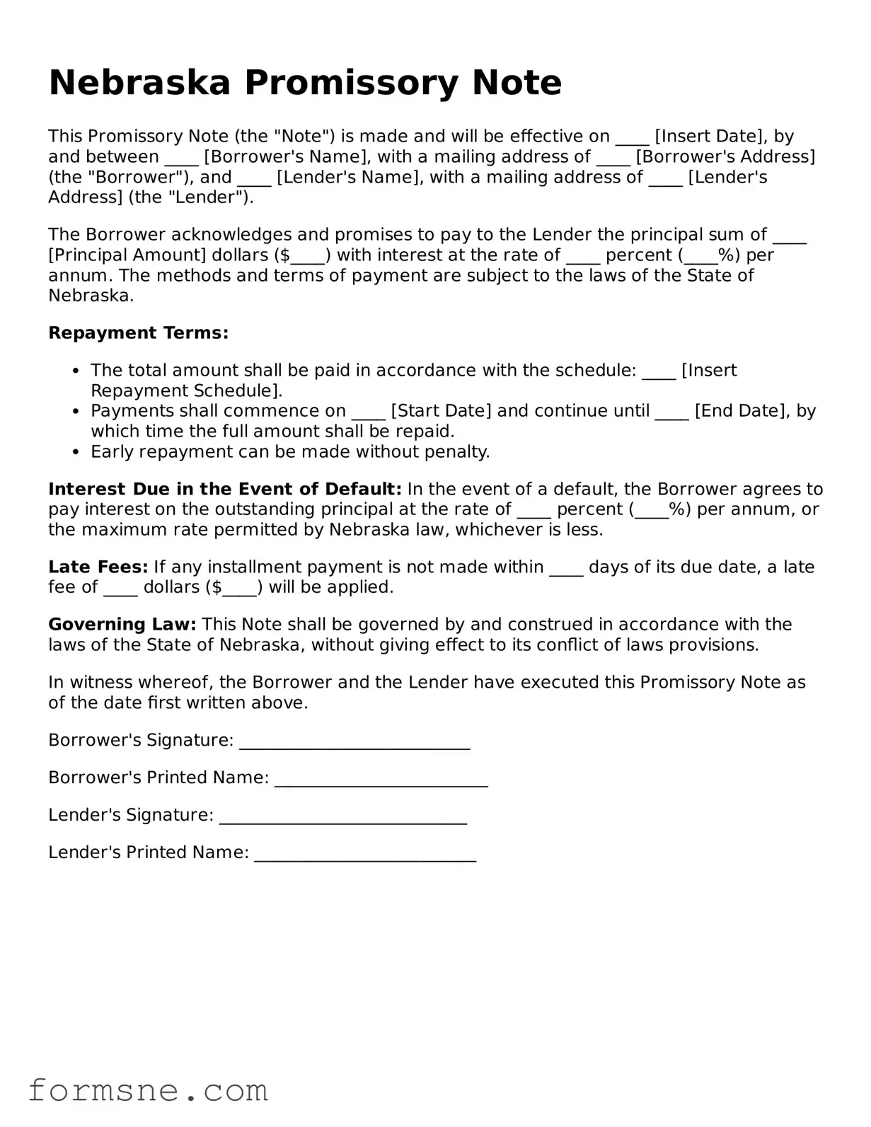 Printable  Promissory Note Form for Nebraska