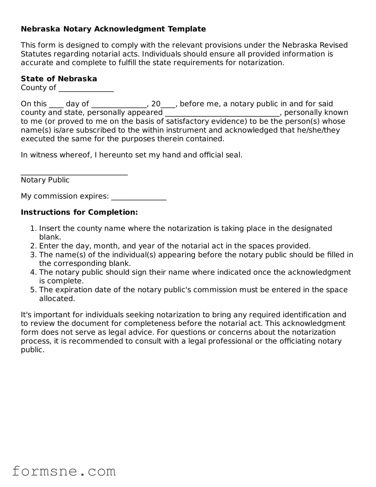 Printable  Notary Acknowledgement Form for Nebraska