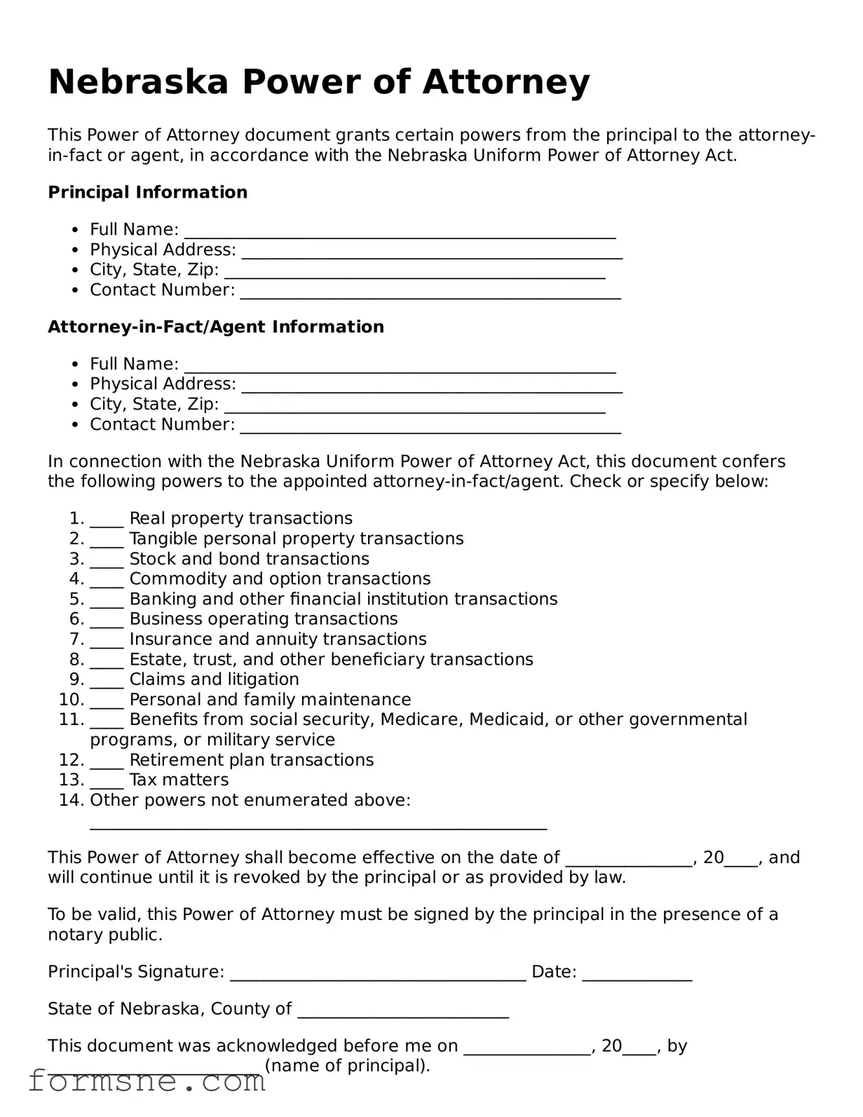 Printable  Power of Attorney Form for Nebraska