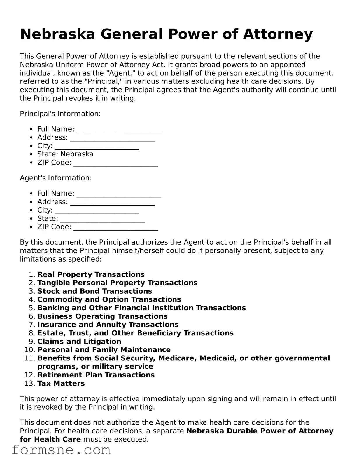 Printable  General Power of Attorney Form for Nebraska