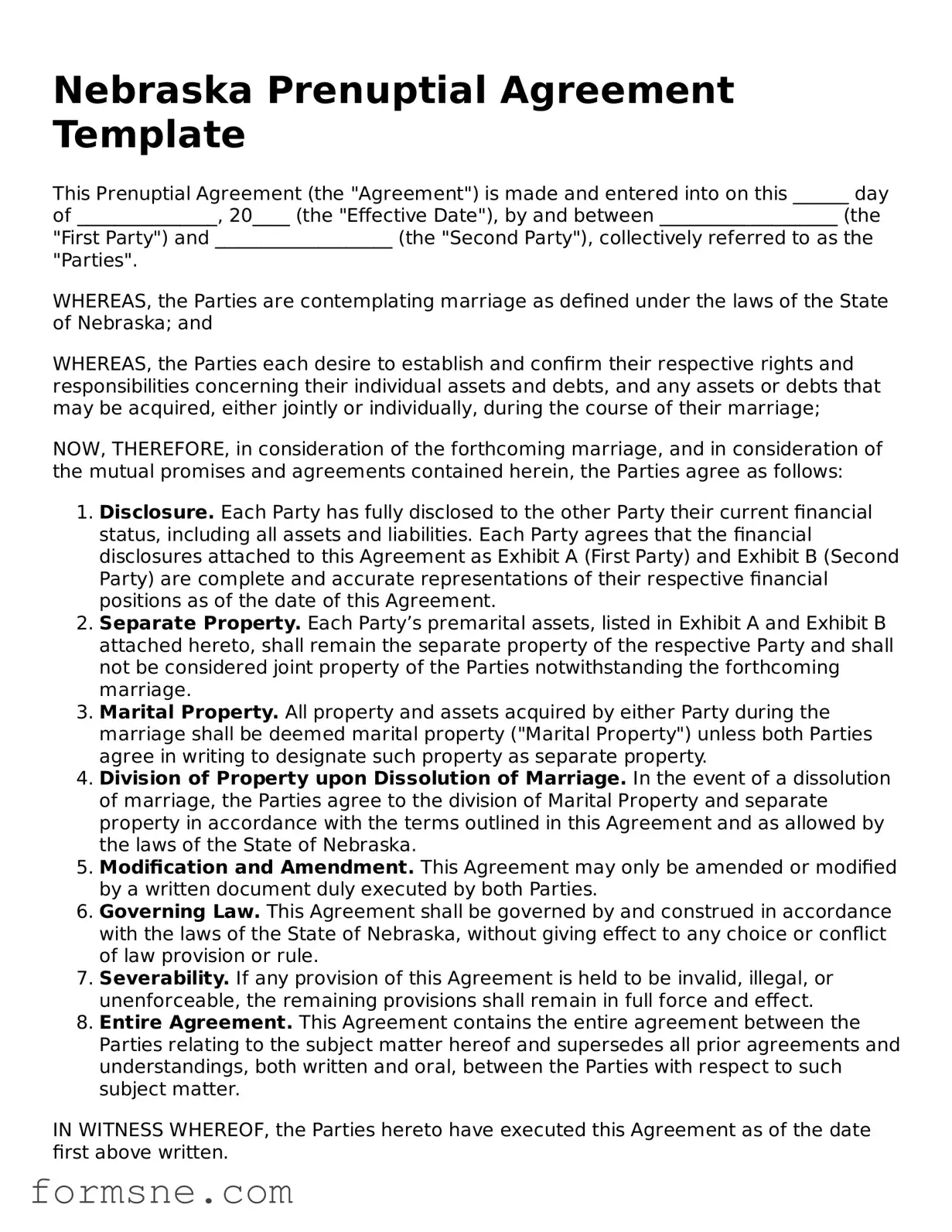Printable  Prenuptial Agreement Form for Nebraska