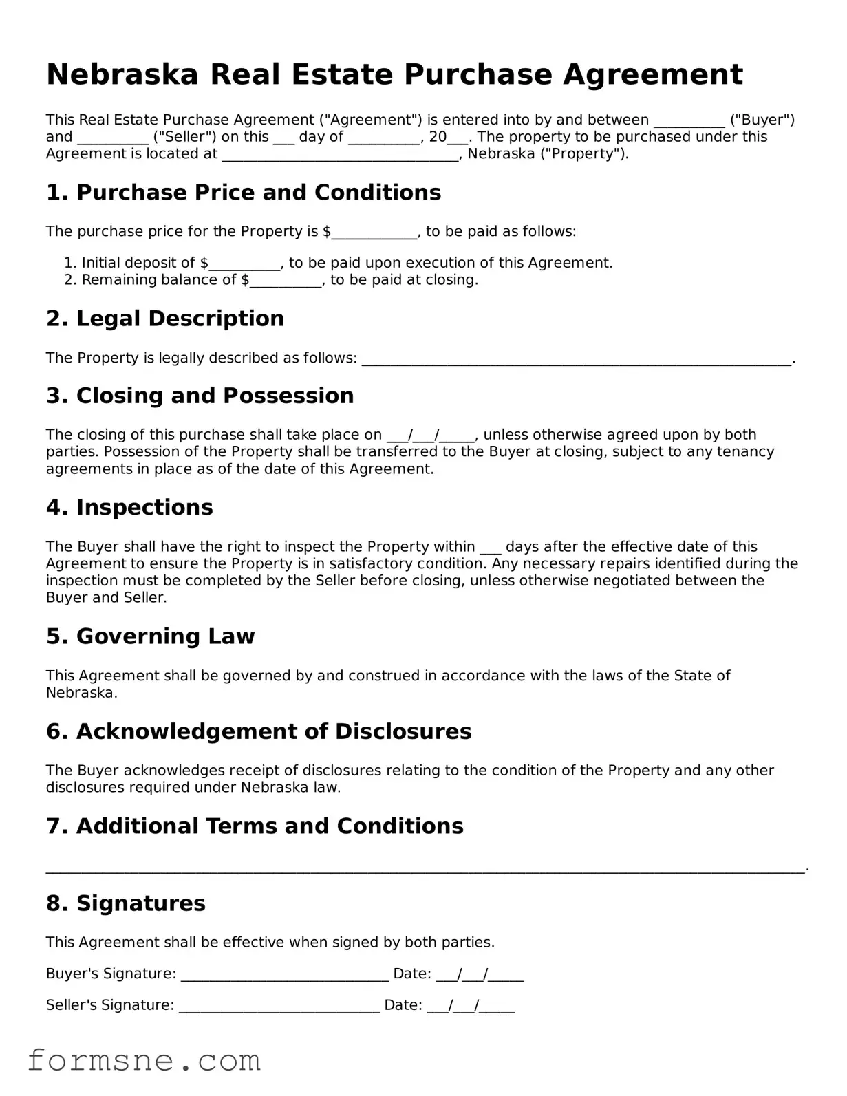Printable  Real Estate Purchase Agreement Form for Nebraska