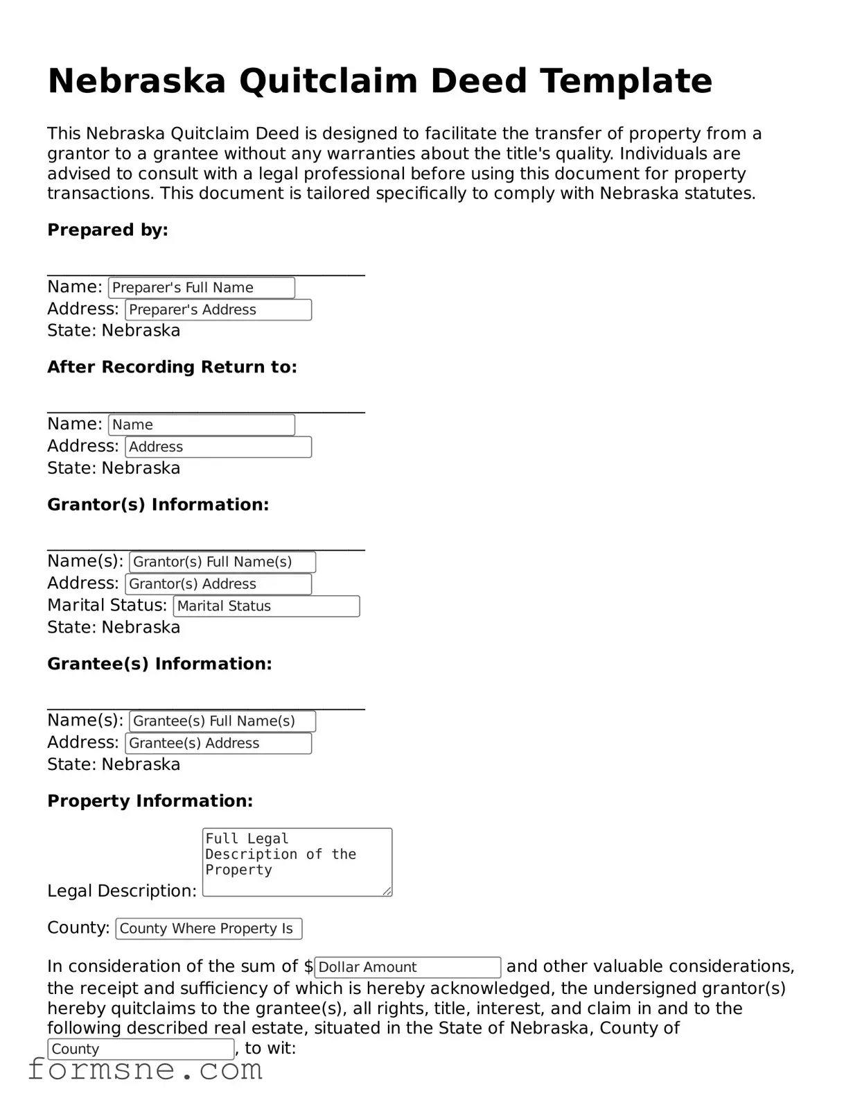 Printable  Quitclaim Deed Form for Nebraska