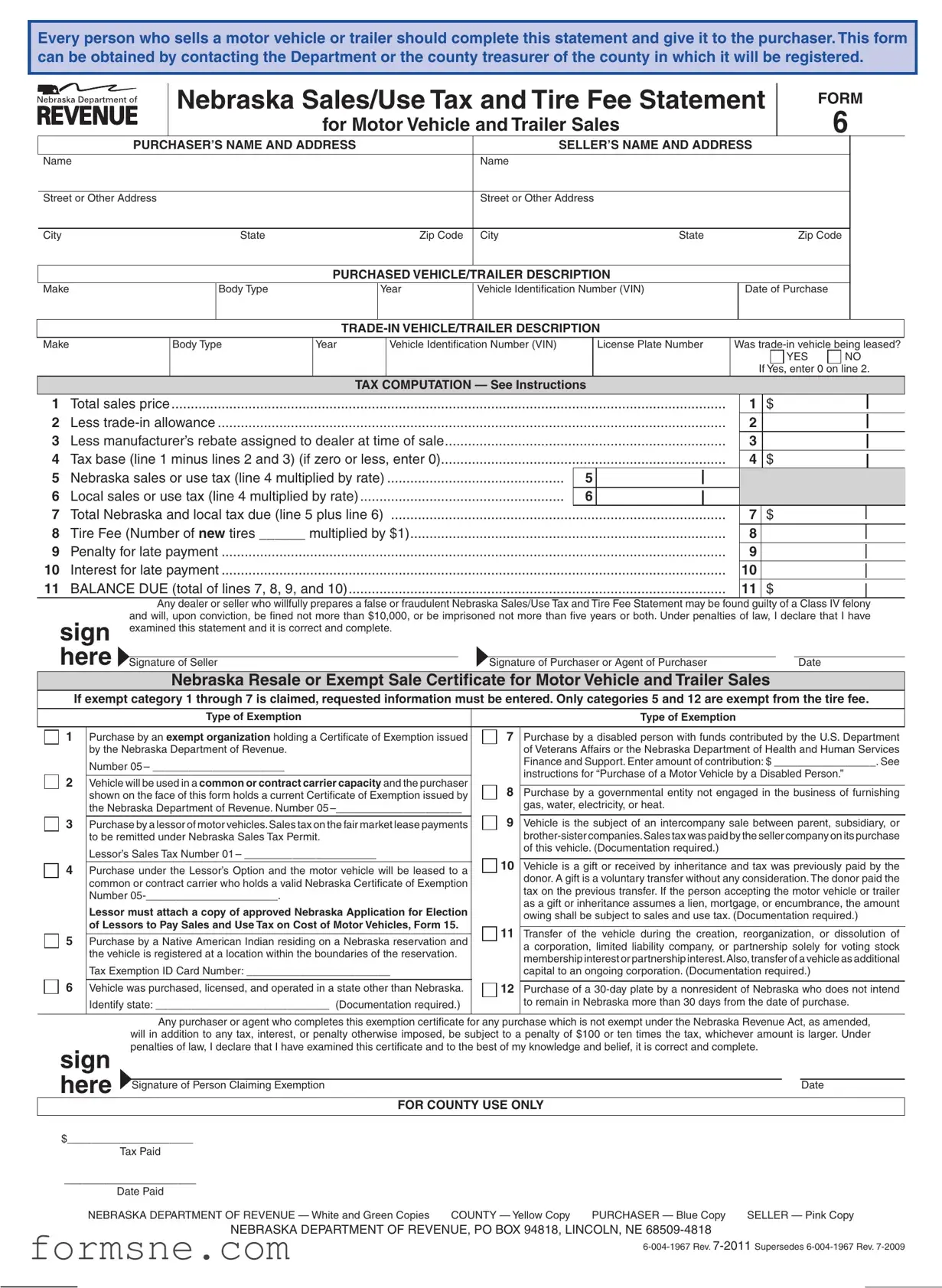 Free Nebraska Sales Tax Statement Template in PDF
