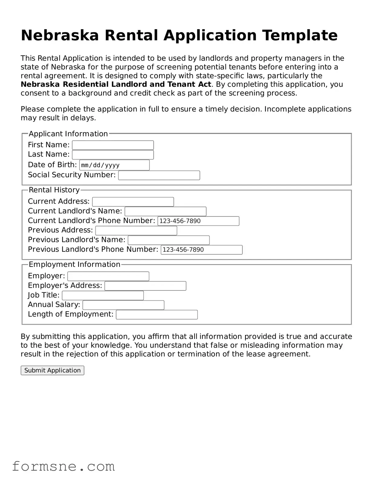 Printable  Rental Application Form for Nebraska