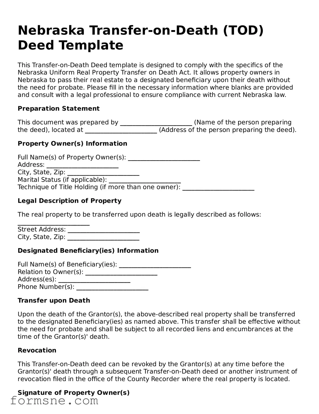 Printable  Transfer-on-Death Deed Form for Nebraska