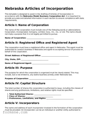 Printable  Articles of Incorporation Form for Nebraska