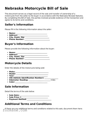 Printable  Motorcycle Bill of Sale Form for Nebraska
