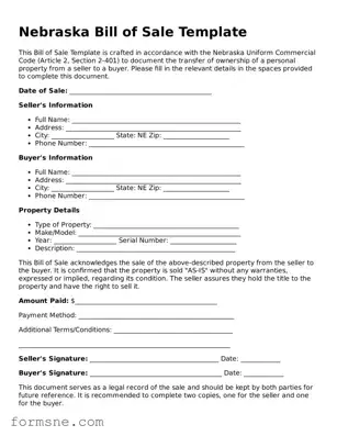 Printable  Bill of Sale Form for Nebraska