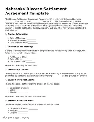 Printable  Divorce Settlement Agreement Form for Nebraska