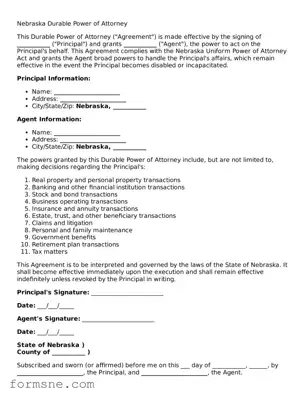 Printable  Durable Power of Attorney Form for Nebraska