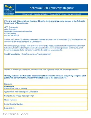 Free Nebraska Ged Transcript Request Template in PDF