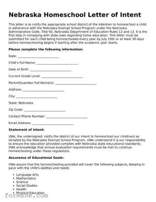 Printable  Homeschool Letter of Intent Form for Nebraska